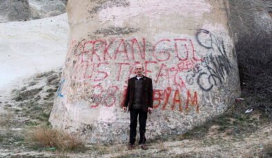 Kapadokya’nın girişinde 'sprey boya' ayıbı: Doğa harikası peribacalarını bu hale getirdiler!