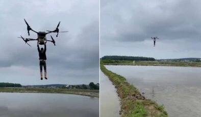 Çeltik tarlasında bir garip yolculuk: Drona asılıp uçtu