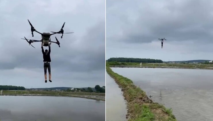 Çeltik tarlasında bir garip yolculuk: Drona asılıp uçtu
