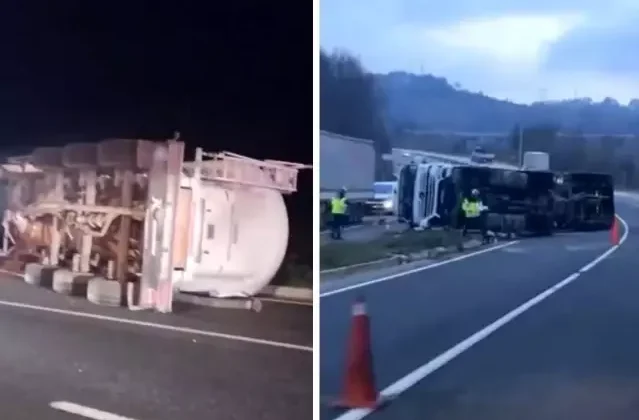 Virajı alamayan çimento tankeri devrildi! 1 yaralı