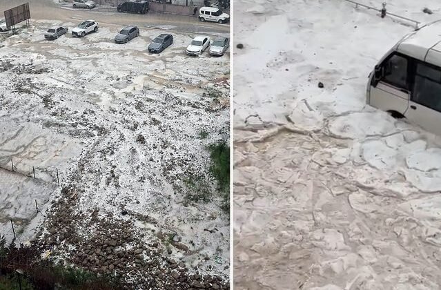 Adana'da sağanak ve dolu yağışı; cadde ve sokaklar beyaza büründü