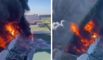 Erbil'de yağ deposunun vurulma anı ortaya çıktı! Bölgeden alevler yükseliyor